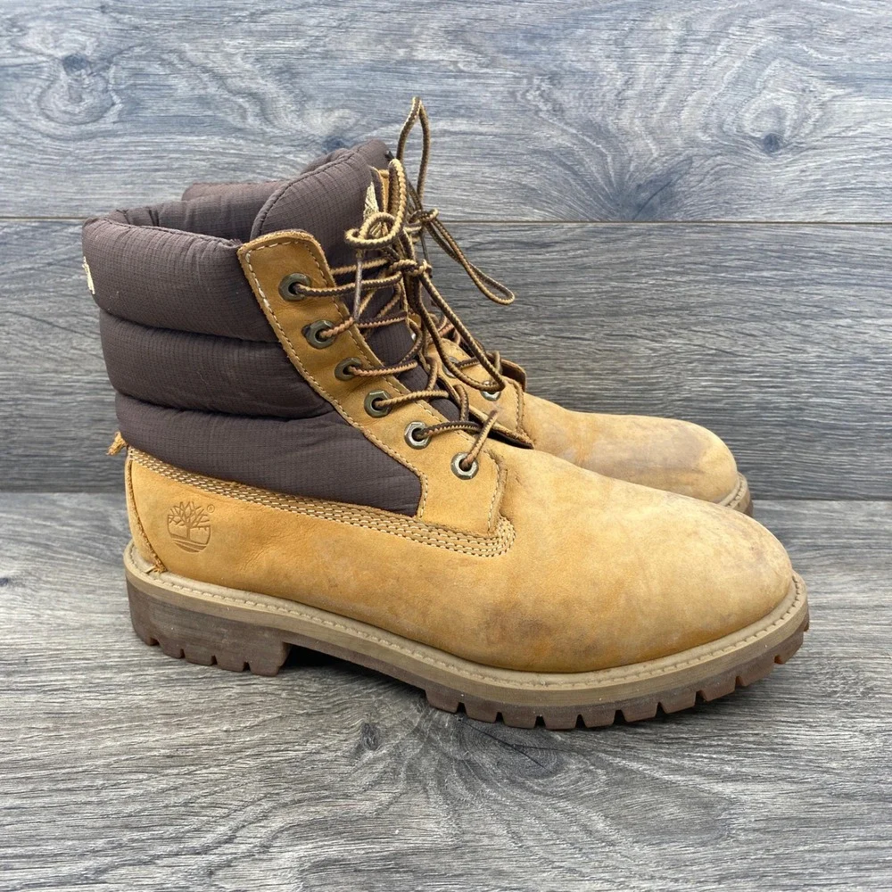 Timberland Puffer Collar Boots Boys 6 Wheat Brown Leather Quilted 1790R